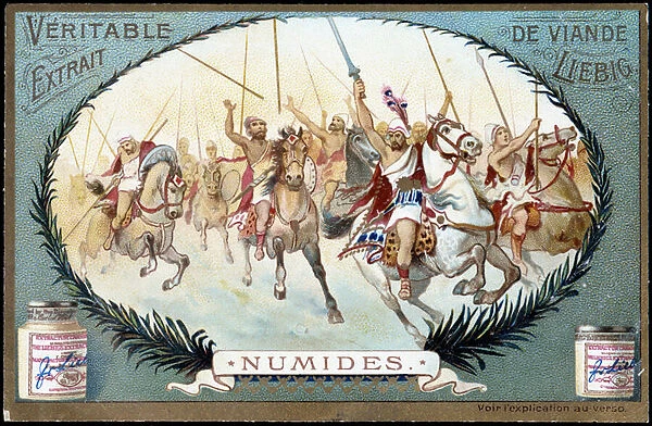 Numidie in Antiquit: Numid equestrian game. Liebig chromolithography late 19th century