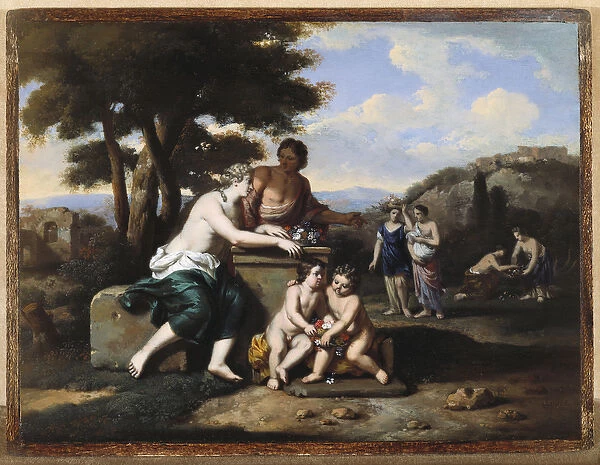 Nymphs gathering Flowers in a Landscape (oil on panel)