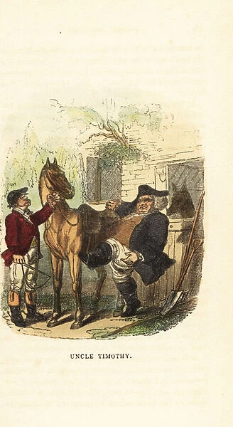 Obese middle-aged man attempting to mount a horse. 1831 (engraving)