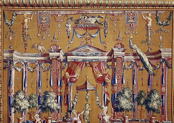 The Offrande has Pan- top detail. Cartons of the curtain created by Jean-Baptiste Monnoyer (Jean-Baptiste Monnoyer, 1636-1699), inspired by Jean Berain pere (1640-1711). Tapestry in low-lice made by the Atelier de Beauvais. Wool and silk