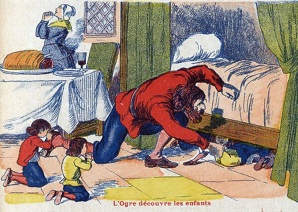 The ogre discovers the children. Illustration for 'Le Pepetit poucet'