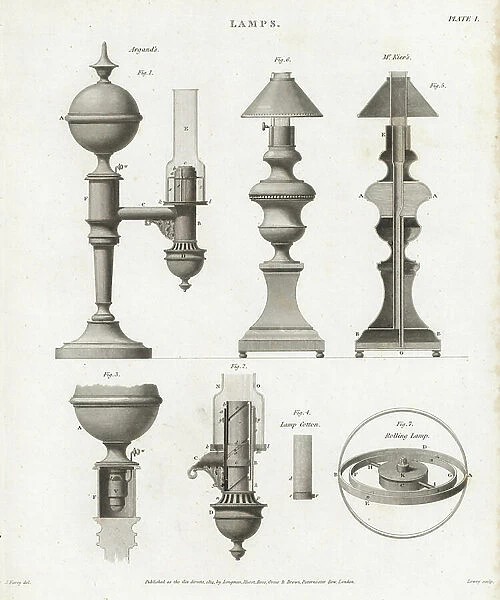 Oil lamps designed by Aime Argand, Mr. Kier, and a rolling lamp in a gyro. Copperplate engraving by Wilson Lowry after a drawing by J. Farey from Abraham Rees Cyclopedia or Universal Dictionary of Arts, Sciences and Literature, Longman, Hurst