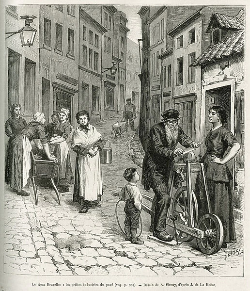 Old Brussels: small pave industries, remolers and small street shops. Engraving by Alfred Sirouy, to illustrate the story of Belgium, by Camille Lemonnier, published in the Tour du monde, under the direction of Edouard Charton (1807-1890), 1881