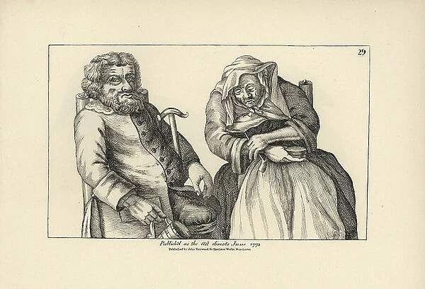 Old Darby with empty tankard and Joan with her tobacco pipe. Copperplate engraving after a satirical illustration by Timothy Bobbin (John Collier) (1708-1786) from Human Passions Delineated, John Haywood, Manchester, 1773