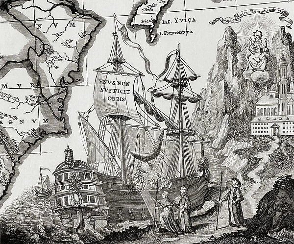 Old engraving of a ship for an ancient map made by a Benedictine Monk, c.1740, from the book The Century Illustrated Monthly Magazine May to October, 1883