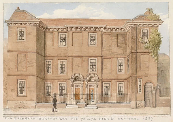 Old Jacobean residences, Nos 72 and 74, High Street, Putney, London, 1887 (w  /  c on paper)
