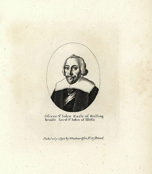 Oliver St. John, Earl of Bolingbroke, Lord St. John of Bletso, judge and parliamentarian, died 1673. Copperplate engraving from William Richard's Portraits Illustrating Granger's Biographical History of England, London, 1792-1812