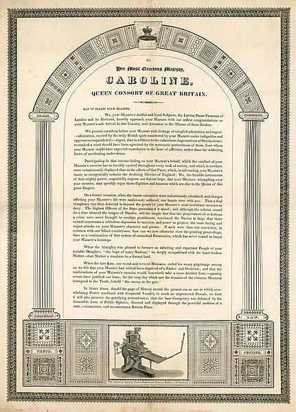 Open letter to Caroline, Queen Consort of Great Britain from the letterpress printers of London (engraving)