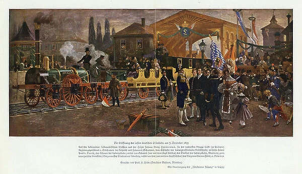 Opening of the first railway in Germany, 1835 (colour litho)