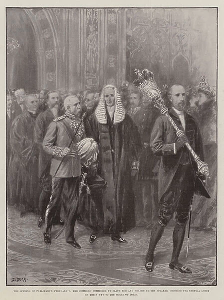 The Opening of Parliament, 7 February, the Commons, summoned by Black Rod and headed by the Speaker, crossing the Central Lobby on their Way to the House of Lords (engraving)