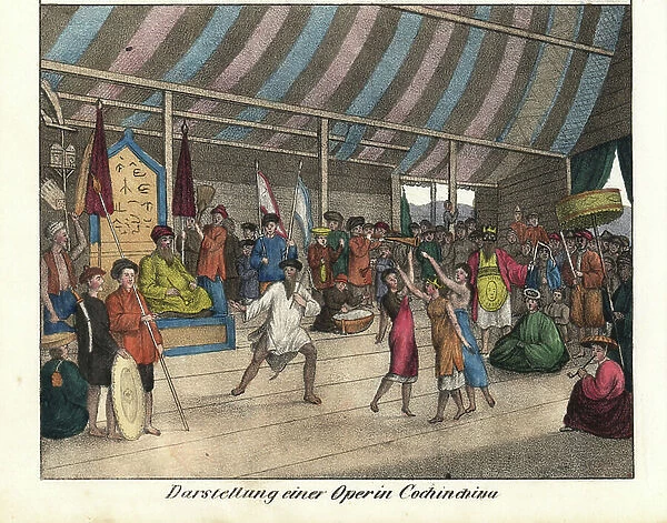 Opera show in Cochinchine (Indochina, Vietnam). Lithography for the book: '' Galerie complete en tableaux fideles des peuples d'Asie'' by Friedrich Wilhelm Goedsche (1785-1863), edition Meissen (Germany), 1835-1840