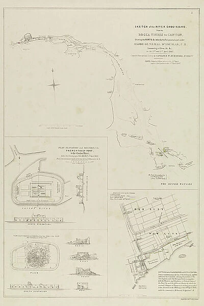 Operations in the Canton River. Sketch of the River Chou Kiang (Canton River) from the Bocca Tigris to Canton. Also the French-Folly Fort, and the City of Canton, 1847 (etching, map, chart)