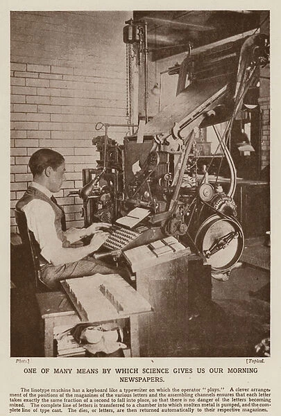 Operator using a linotype machine in the production of a newspaper (b  /  w photo)