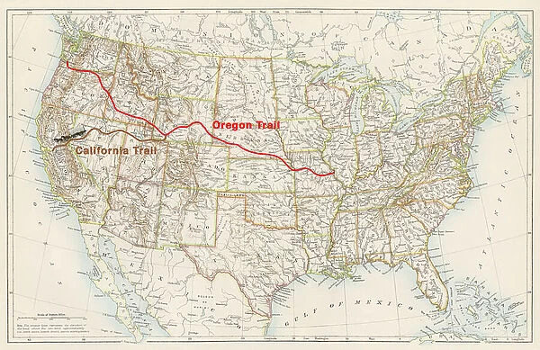 Oregon Trail and California Trail routes on an 1870s map of the US