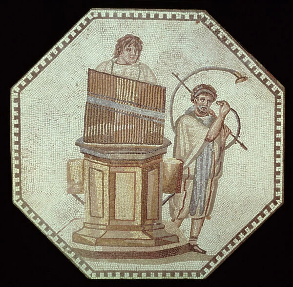 An organist and a horn player entertain at a Gladiator match (mosaic)