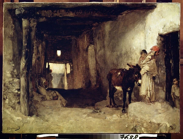 Orientalisme : 'Une habitation dans le Sahara'(A House in the Sahara) Une femme et son enfant accompagnes d un ane. Peinture de Gustave Guillaumet (1840-1887) 1880 environ Musee Pouchkine, Moscou