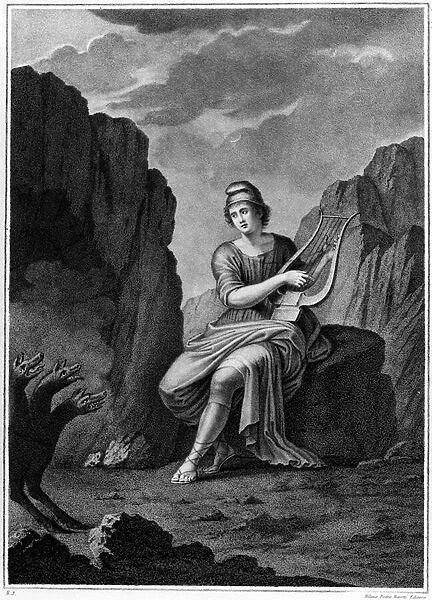Orpheus at the Entrance of the Underworld meets Cerberus. Lithography. 19th century