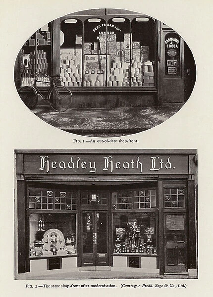 An out-of-date shop-front; The same shop-front after modernisation (b / w photo)