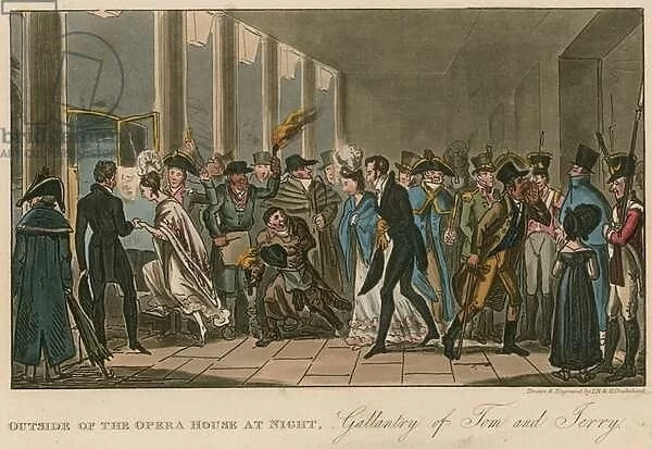 Outside of the Opera House; Gallantry of Tom and Jerry (coloured engraving)