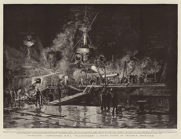 'Overtime', completing HMS 'Magnificent', a Night Scene in Chatham Dockyard (litho)