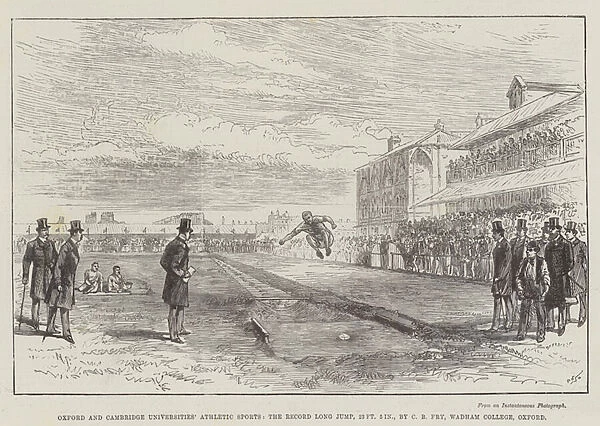 Oxford and Cambridge Universities Athletic Sports, the Record Long Jump, 23ft, 5in, by C B Fry, Wadham College, Oxford (engraving)