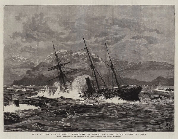 The P and O Steam Ship 'Tasmania'wrecked on the Monachi Rocks, off the South Coast of Corsica (engraving)