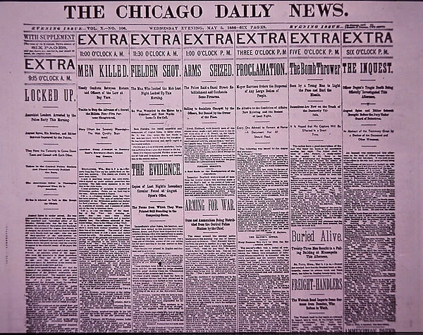 Front page of The Chicago Daily News reporting the Chicago Haymarket Labor Riot