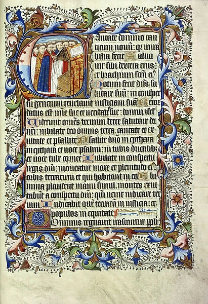 A page from a psalter in Latin, with a historiated initial depicting a group of monks