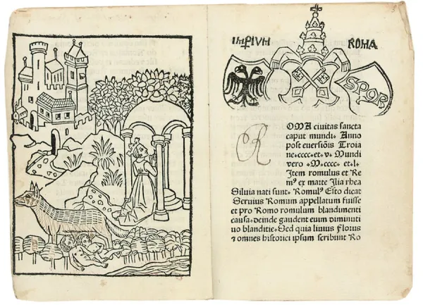 Pages from Mirabilia Romae, Historia et Descriptio Urbis Romae by Pseudo-Aegidius Romanus, published by Andreas Freitag, Rome, not before 1485 and not after 1489 (woodcut & print)