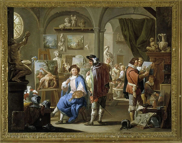 The painter's studio, 18th century (oil on copper)