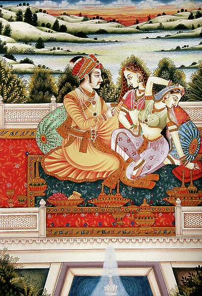 Painting of Mughal Emperor with his Wives in Love Scene, India