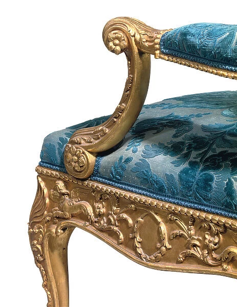 One of a pair of George III giltwood armchairs, 1765 (limewood, beech & damask)
