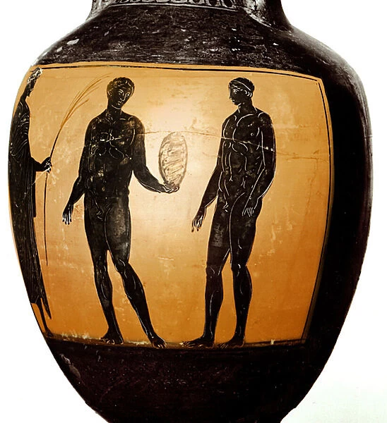 Panathenaic amphora depicting an athlete receiving a trophy, 580-520 BC (ceramic)