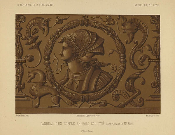 Panel of a carved wooden chest (chromolitho)