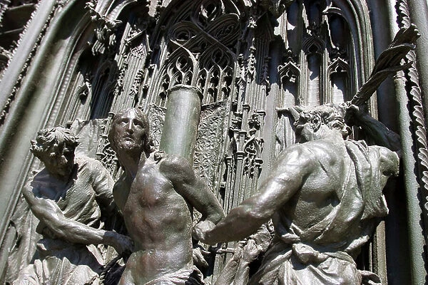 Panel of the main bronze door of the Duomo di Milano designed by Lodovico Pogliaghi: The Flagellation of Christ, located on the left shutter, it is part of the series of Virgin Mary's Pains