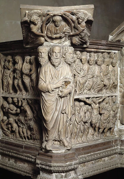 The parapet of the pulpit of Fra Guglielmo da Pisa (ca. 1235-1310  /  11) representing scenes from the New Testament, prophetes and symbols of the evangelists, detail - (detail of pulpit representing prophets)