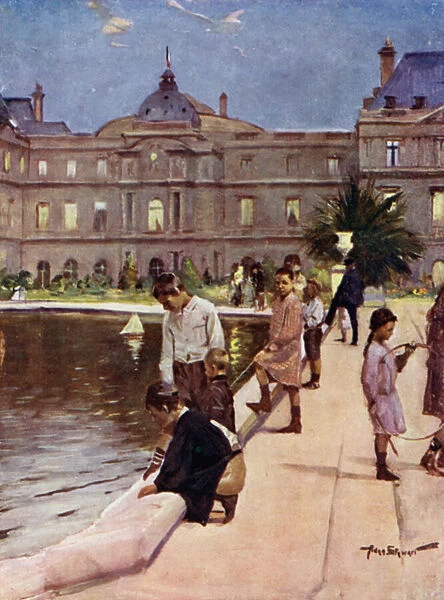 Paris: Children in the Luxembourg Gardens (colour litho)