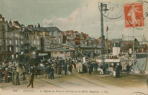 Paris express train on the waterfront at Dieppe. Postcard sent in 1913