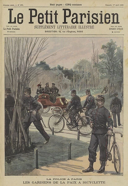 Paris policemen using bicycles (colour litho)