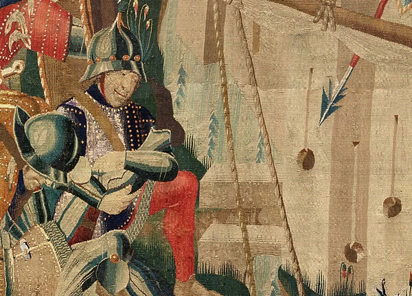 Parish museum of tapestries (Museo Parroquial de Tapices de Pastrana). Flemish tapestry. The landing at Arzila (De landing in Arzila, Desembarco en Arzila). Series Conquests of king Alfonso I of Portugal (Conquistas de Alfonso V de Portugal)
