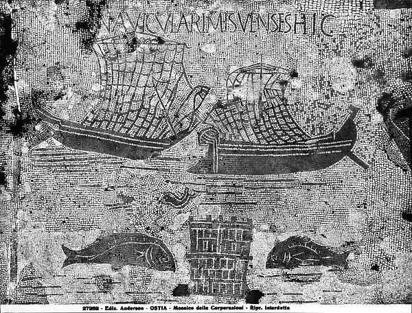 Pavement detail from the Piazzale dell Corporazioni depicting a nautical scene (mosaic) (b  /  w photo)