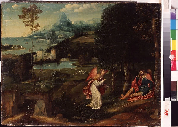 'Paysage avec saint Roch'(Landscape with the Legend of Saint Roch) Saint Roch (1345-1376), malade de la peste, est chasse de la ville