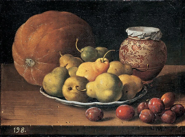 Pears on a plate, a melon, plums and a decorated mansies jar on a wooden ledge