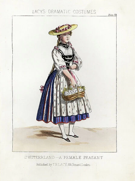 Peasant woman of Switzerland, national costume, 19th century. Handcoloured lithograph from Thomas Hailes Lacy's ' Female Costumes Historical, National and Dramatic in 200 Plates, ' London, 1865