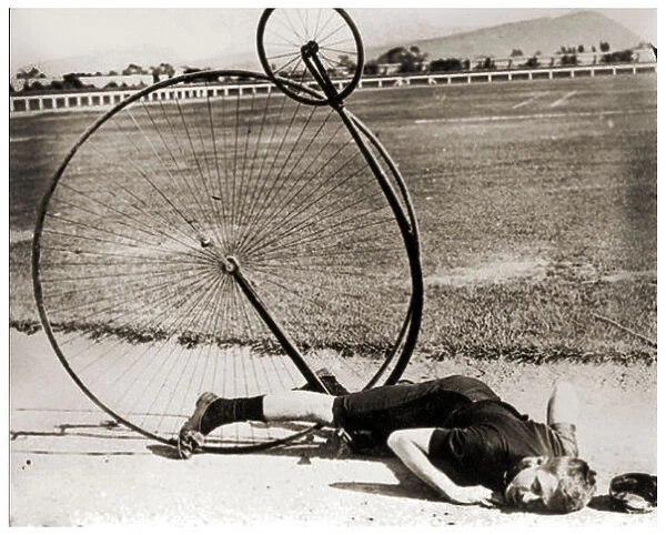 Penny-Farthing accident, c. 1890 (b  /  w photo)