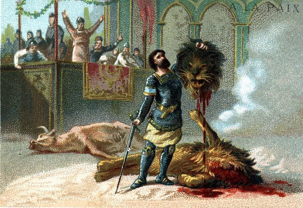 Pepin le Brief (715-768), King of the Franks, fights a lion