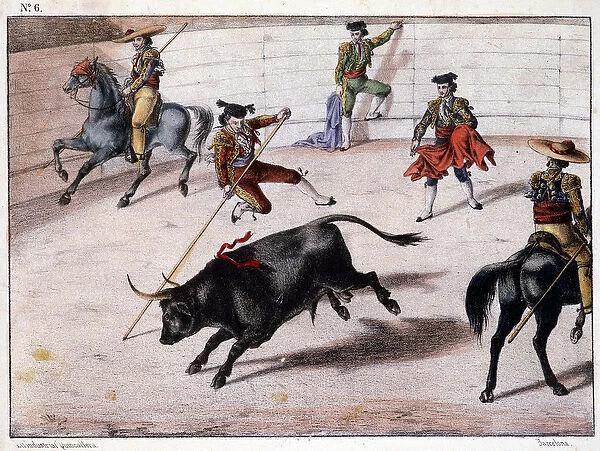 Perch jump, bullfighting in Spain, Spanish lithography, sd. 19th century