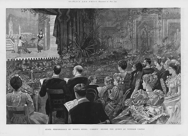 Performance of George Bizets opera Carmen before Queen Victoria at Windsor Castle, Berkshire (litho)