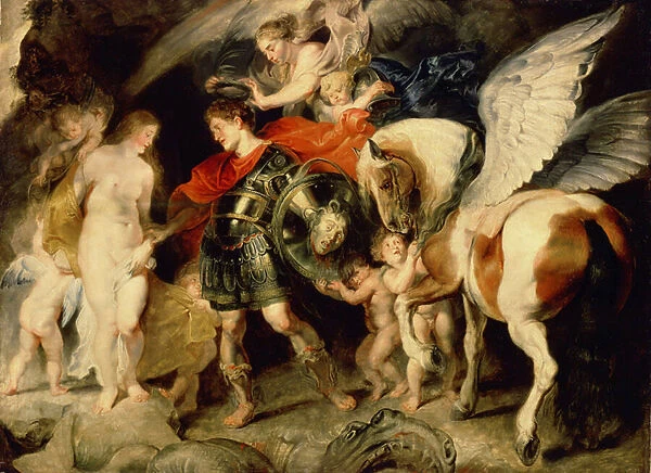 'Persee et Andromede'(Perseus and Andromeda) Andromede enchainee a un rocher est delivree par Persee accompagne par Pagase. Sur son bouclier la tete de Meduse qu il a tuee