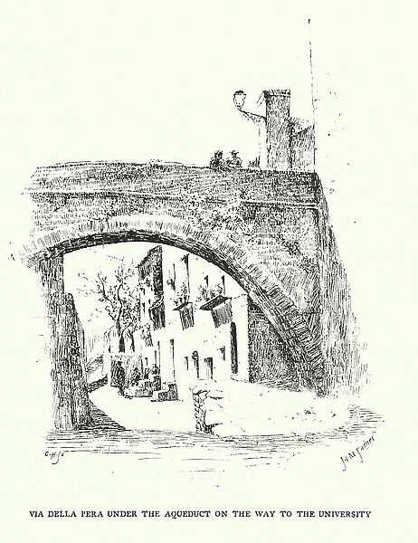 Perugia: Via Della Pera under the aqueduct on the way to the university (engraving)